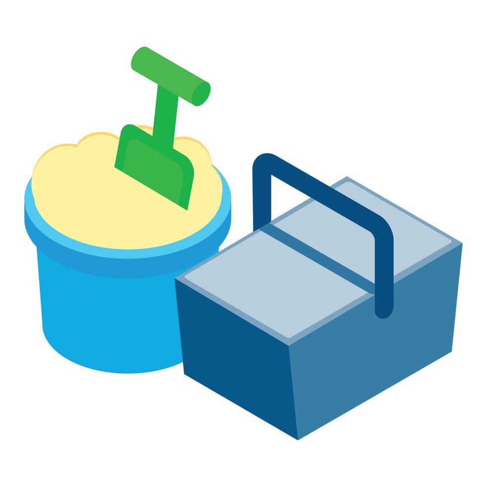 Beach vacation icon isometric vector. Toy pail filled sand shovel and cooler bag vector