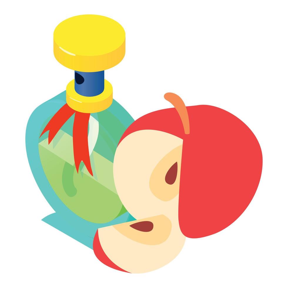 Modern perfume icon isometric vector. Beautiful bottle of perfume and red apple vector