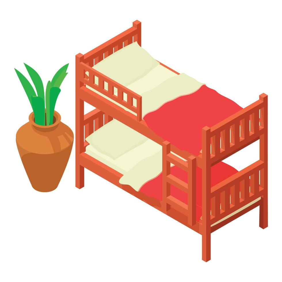 icono de litera vector isométrico. cama de dos niveles con ropa de cama y flor en maceta