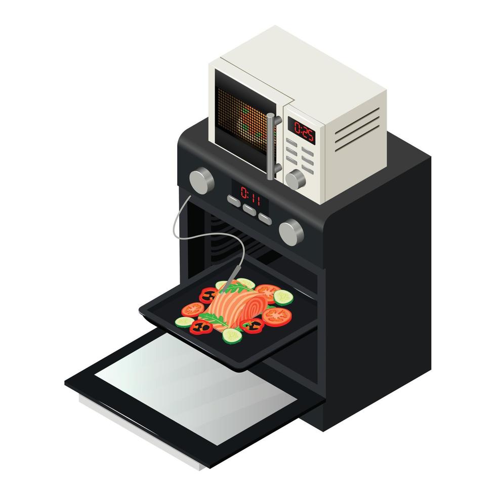 Kitchen equipment icon isometric vector. Oven with thermal probe and microwave vector