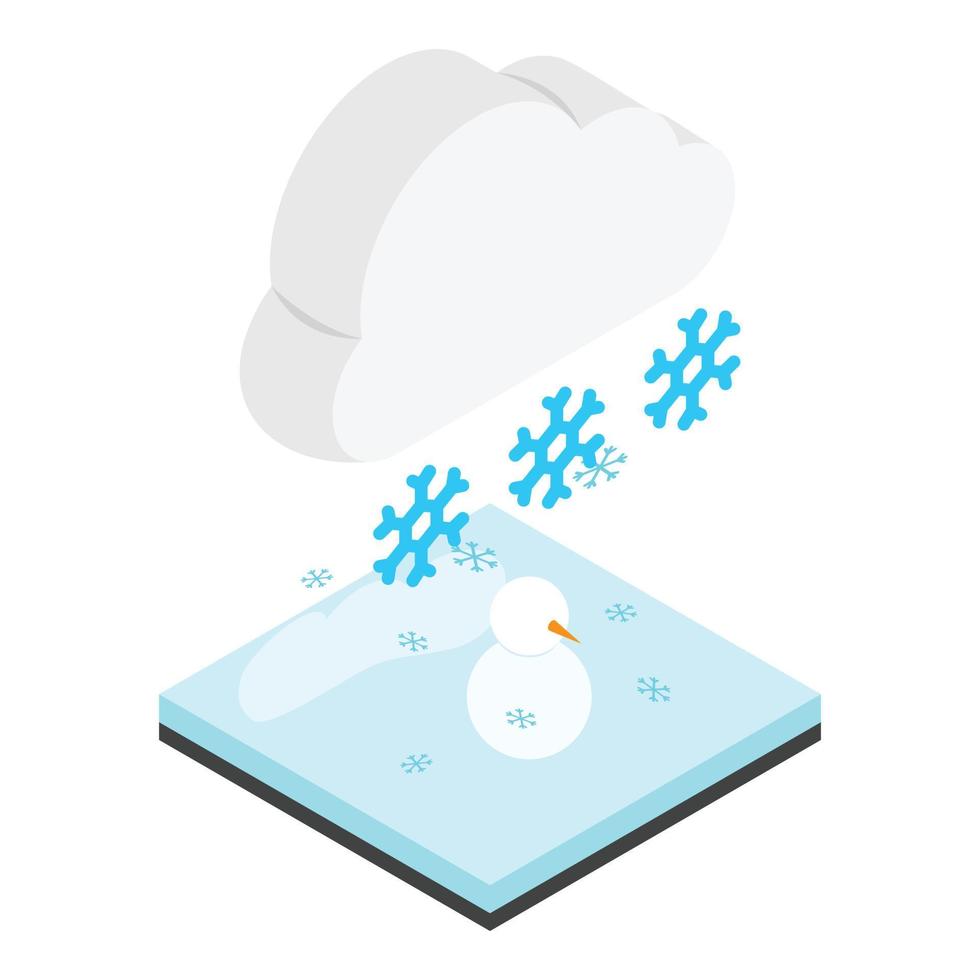 Snowfall icon isometric vector. Snowflake from cloud fall on snowman and ground vector