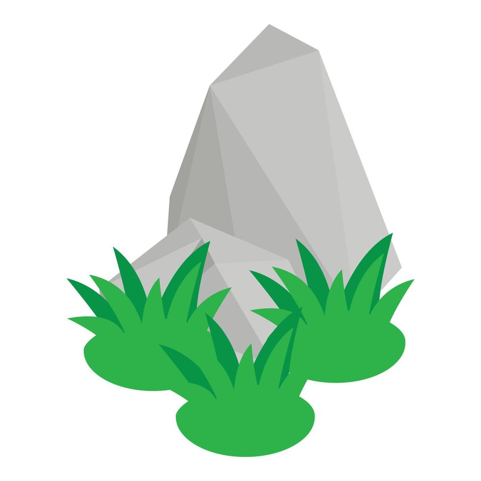Rocky terrain icon isometric vector. Green vegetation at foot of grey rock icon vector