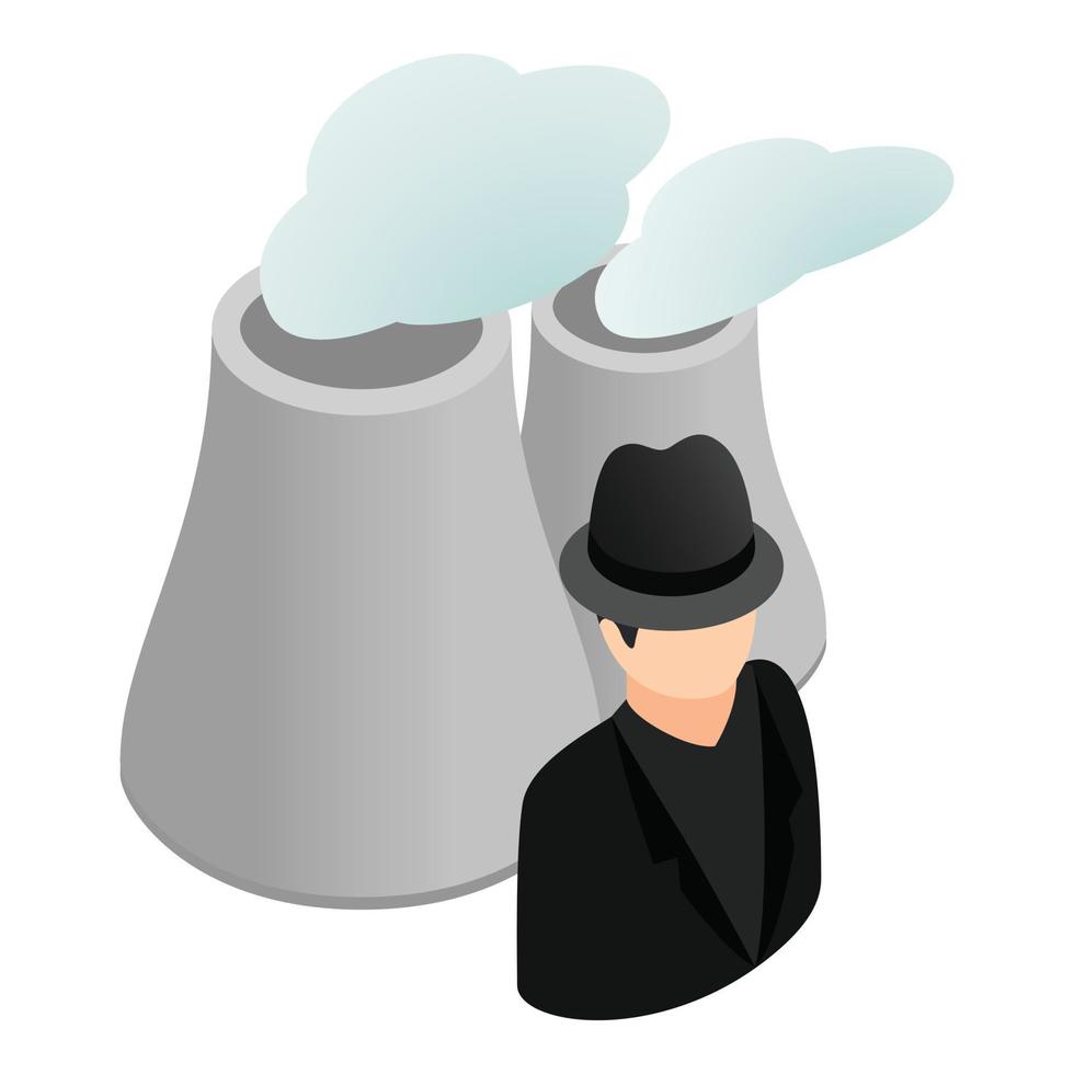 Environment pollution icon isometric vector. Male character near cooling tower vector