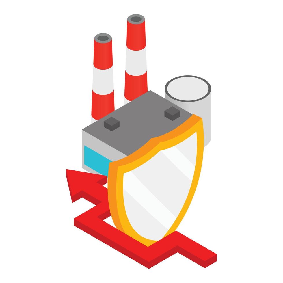 Industrial hazard icon isometric vector. Factory behind shield arrow bypassing vector
