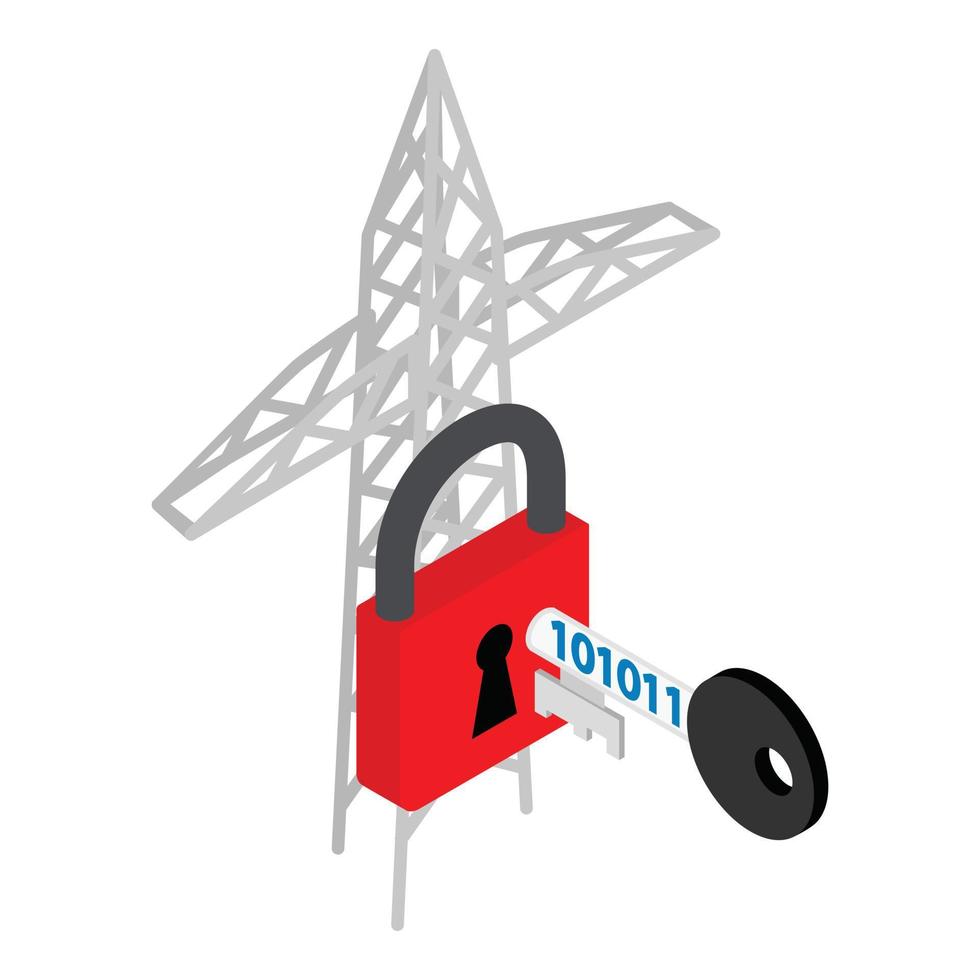 Energy security icon isometric vector. Key with binary code and power line pylon vector