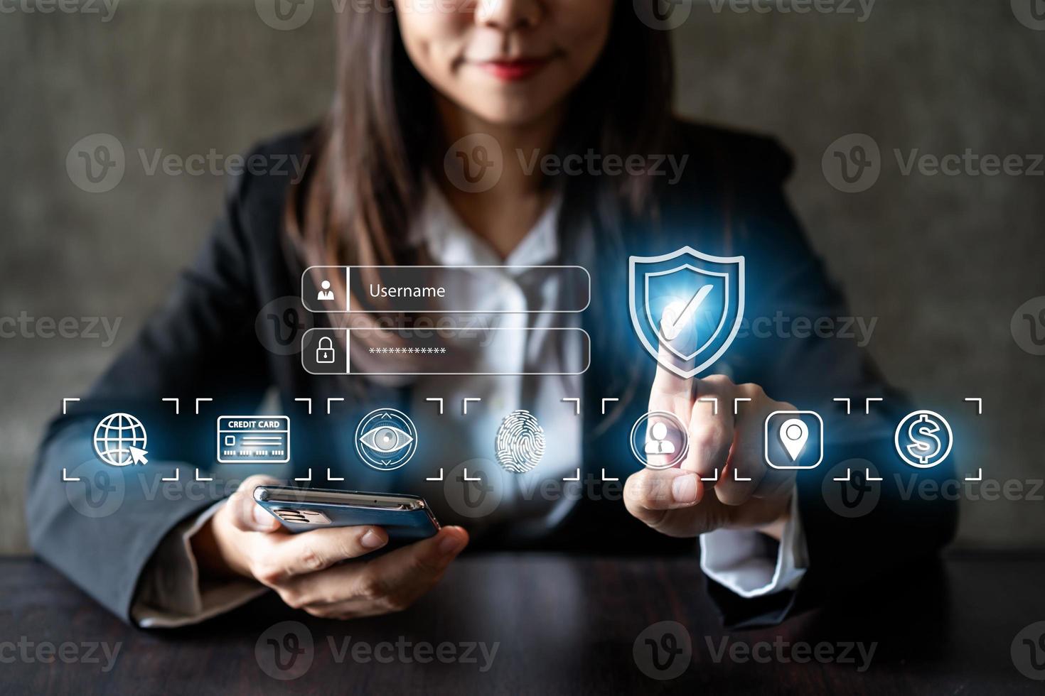 Businesswoman using smart devices with global network connection and cyber security business data protection technology photo