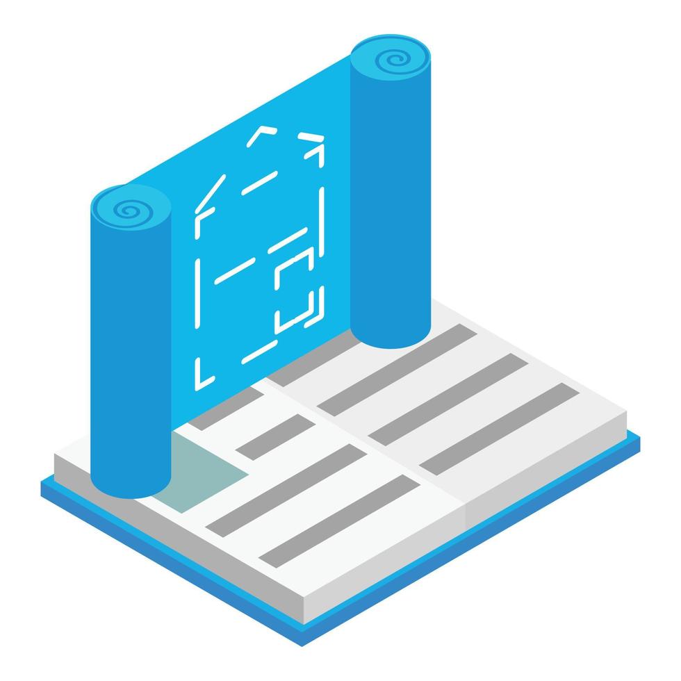 Engineering icon isometric vector. Construction building drawing and open book vector