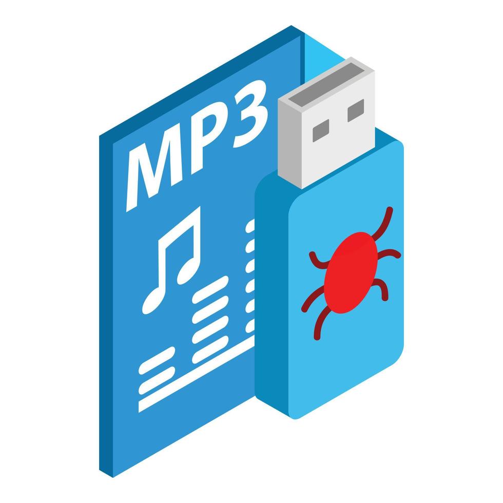 vector isométrico del icono usb infectado. unidad flash con virus y formato de archivo mp3