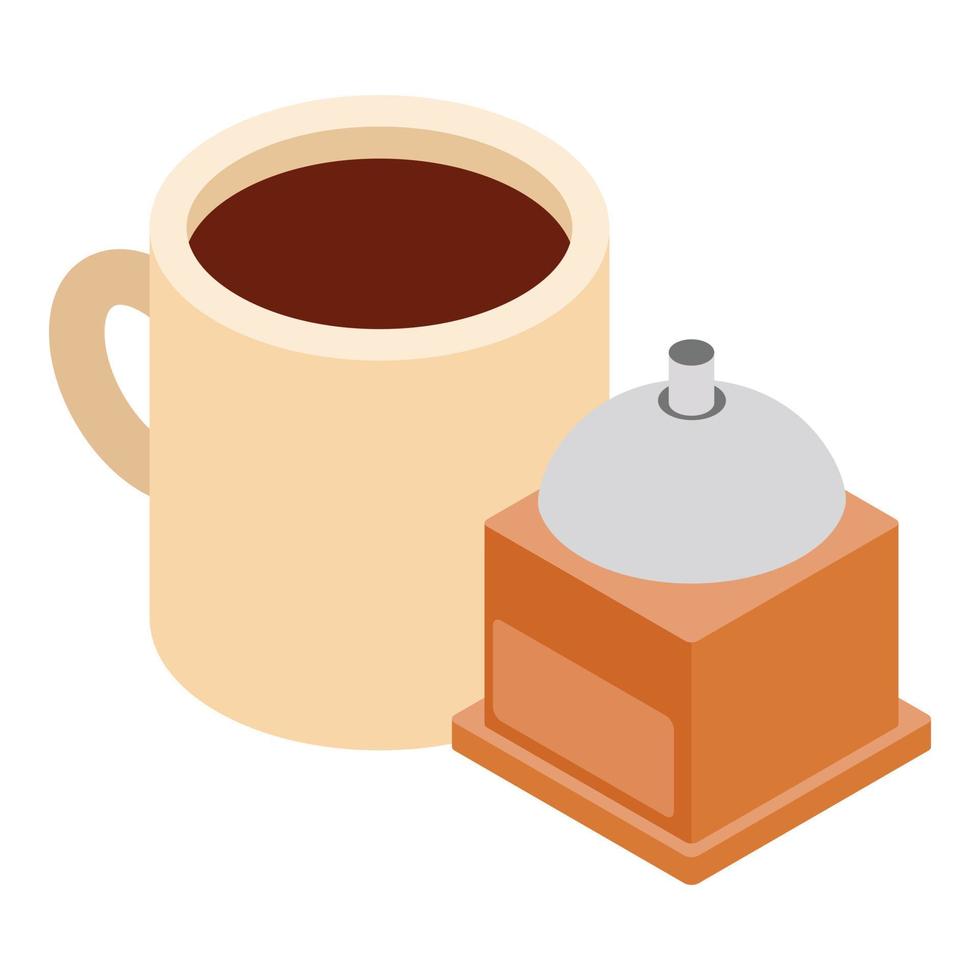 icono de café inglés vector isométrico. taza de café y molinillo de café manual