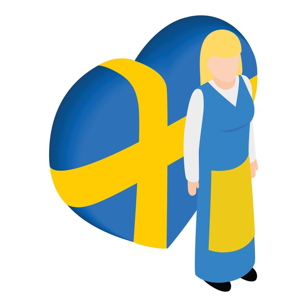 Swedish woman icon isometric vector. Girl in national costume near country flag vector