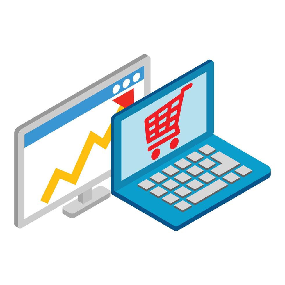 Marketing concept icon isometric vector. Shop cart on laptop screen growth chart vector