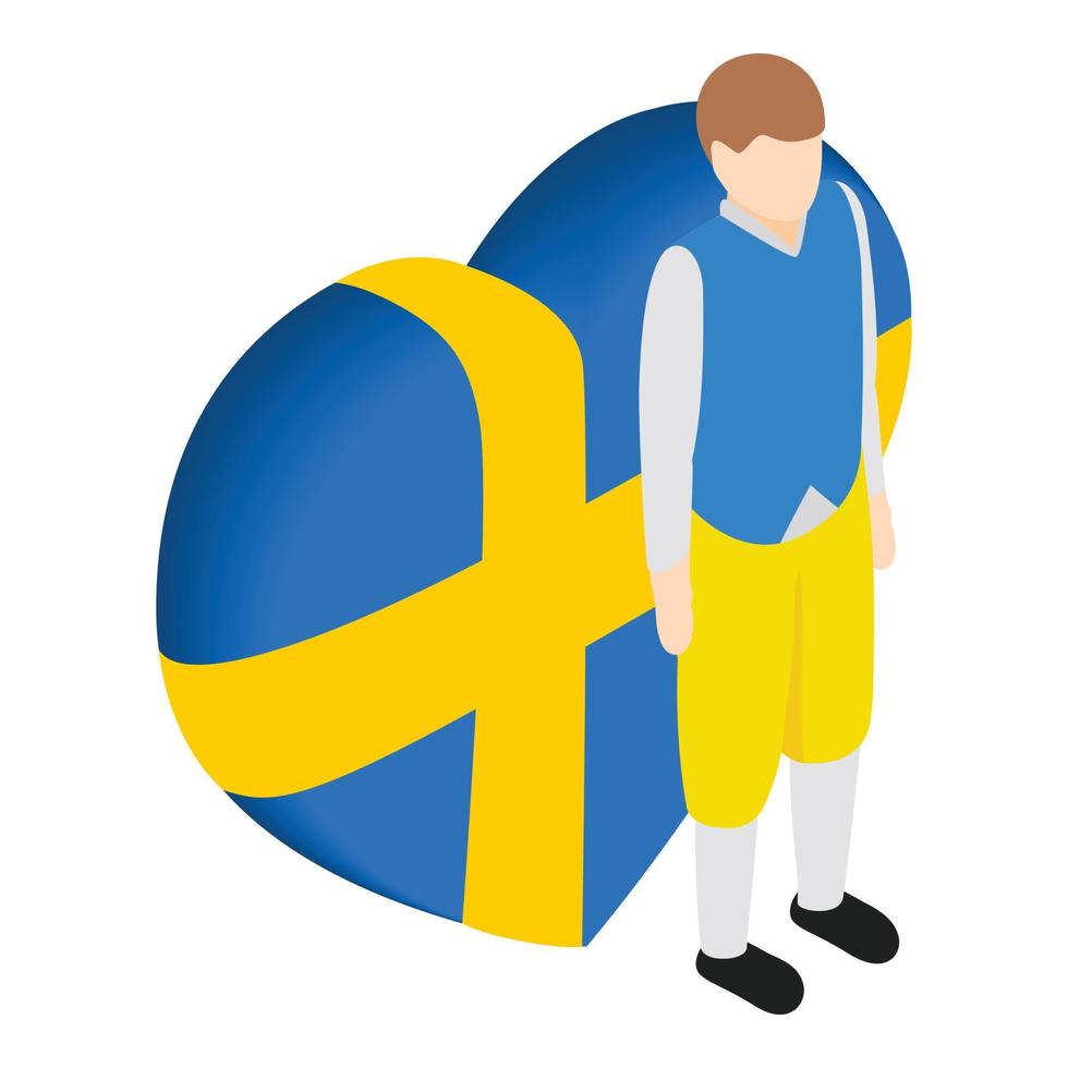 Swedish man icon isometric vector. Swede in national costume near country flag vector