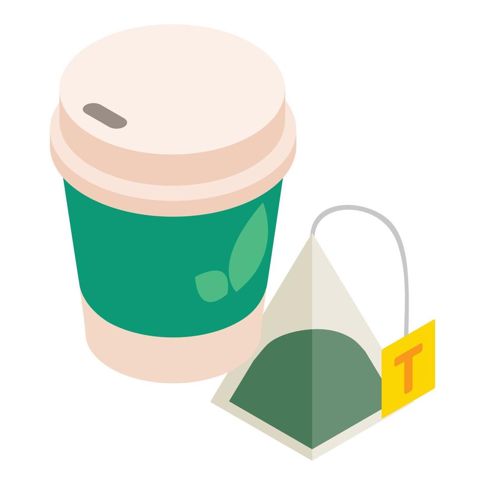 icono de té verde vector isométrico. vaso desechable y bolsita de té verde transparente