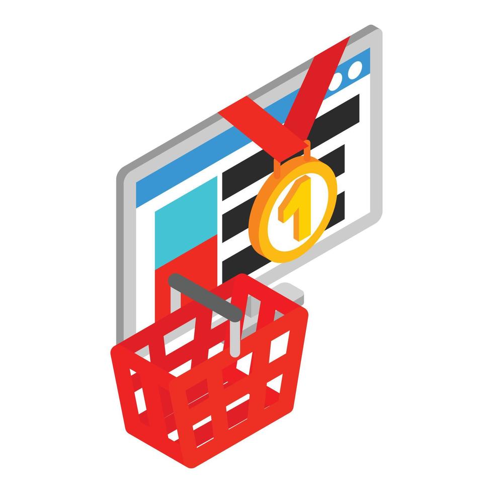 Product evaluation icon isometric vector. Number one medal and shopping basket vector