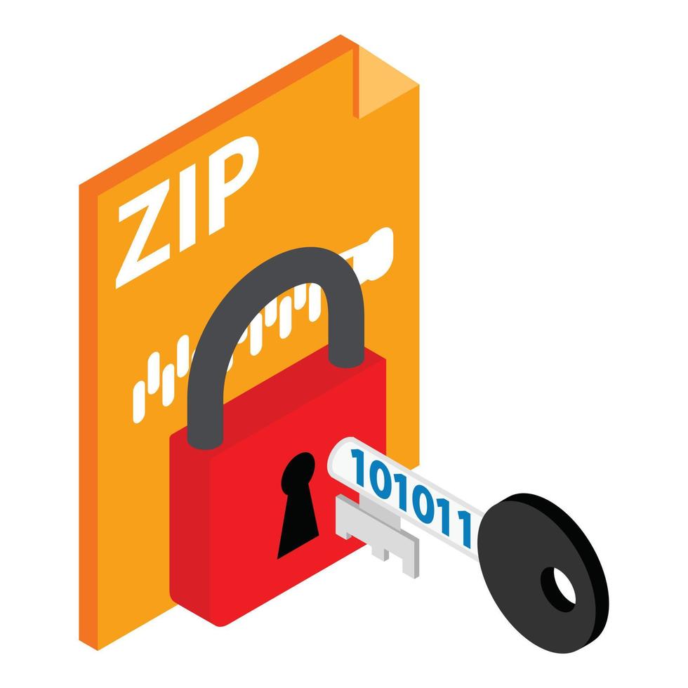 icono de protección de datos vector isométrico. clave con código binario y archivo zip candado