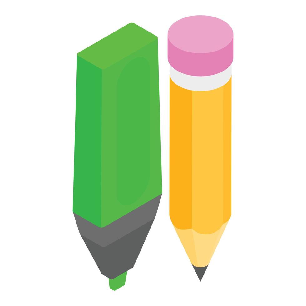 Stationery icon isometric vector. Green marker and orange pencil with eraser vector