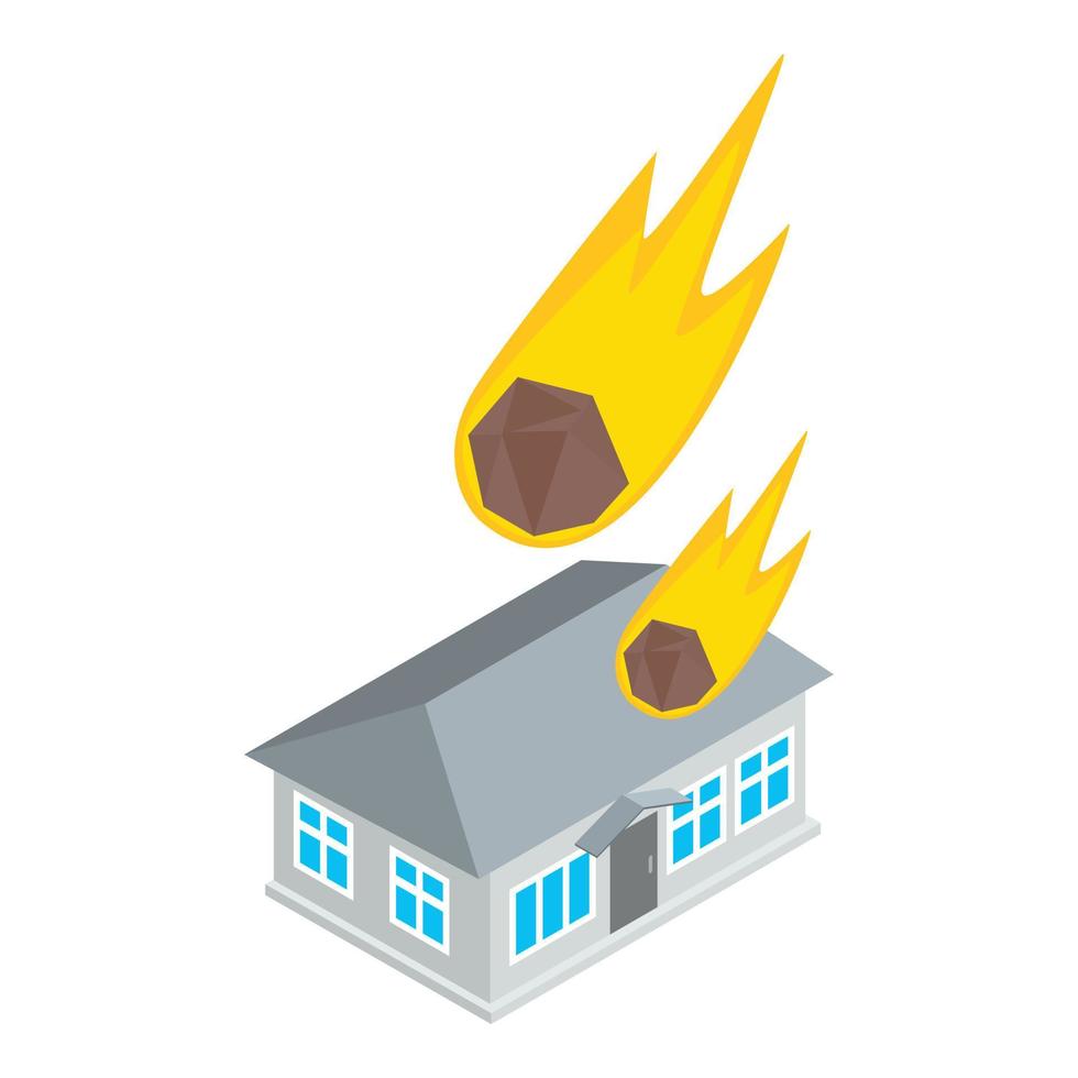 Falling meteorite icon isometric vector. Burning meteorite falling on building vector