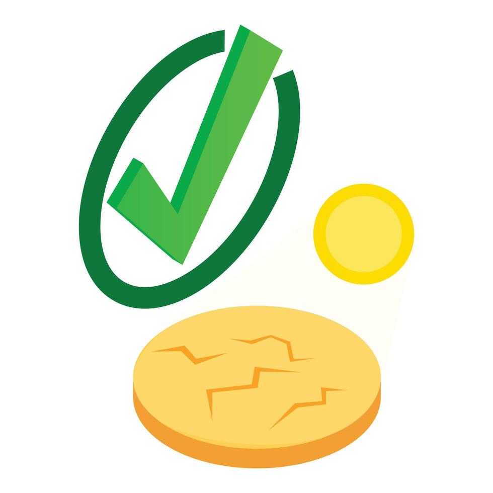 Drought icon isometric vector. Cracked ground under scorching sun and check mark vector