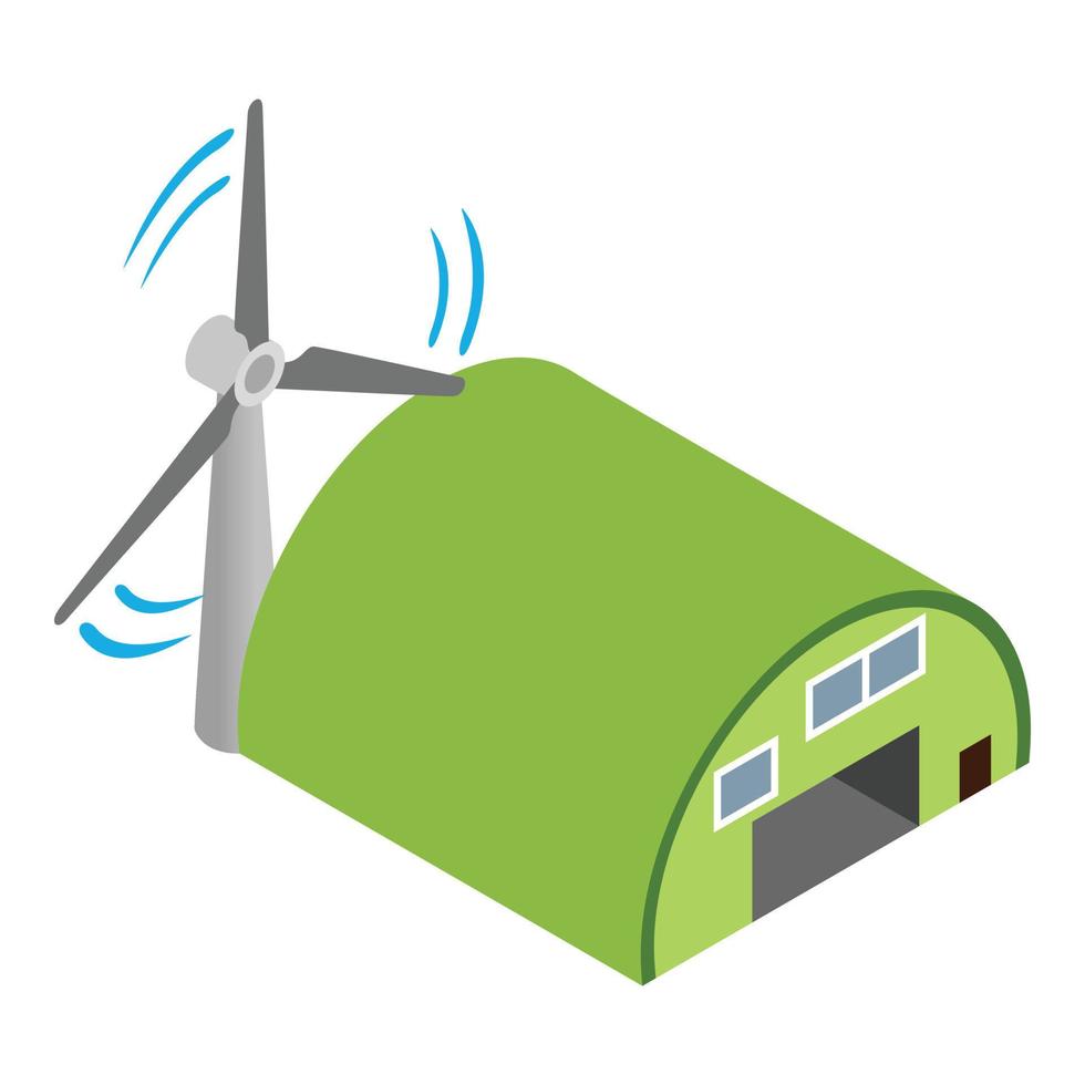 Ecological infrastructure icon isometric vector. Wind turbine near hangar icon vector