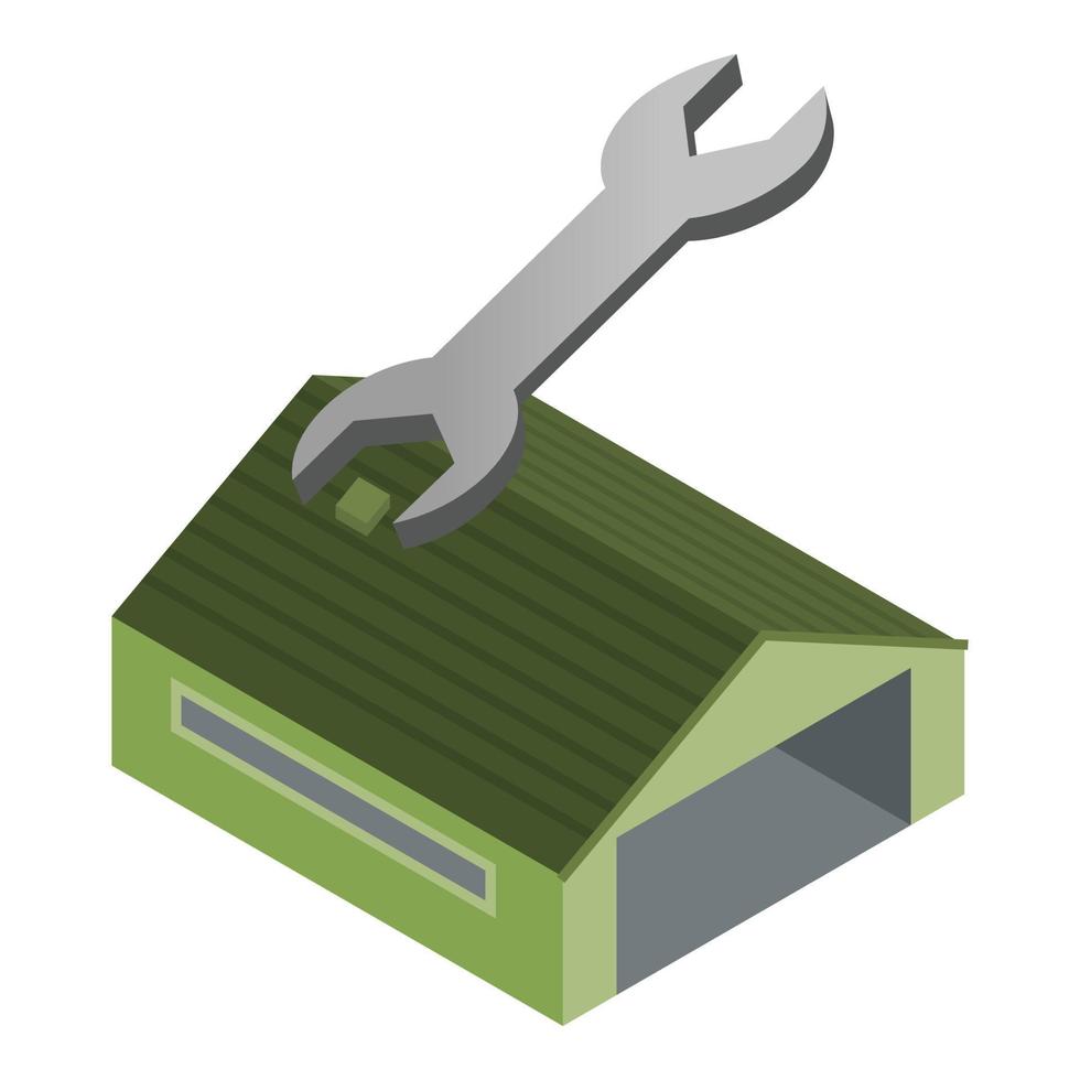 Repair concept icon isometric vector. Stainless steel wrench and hangar building vector