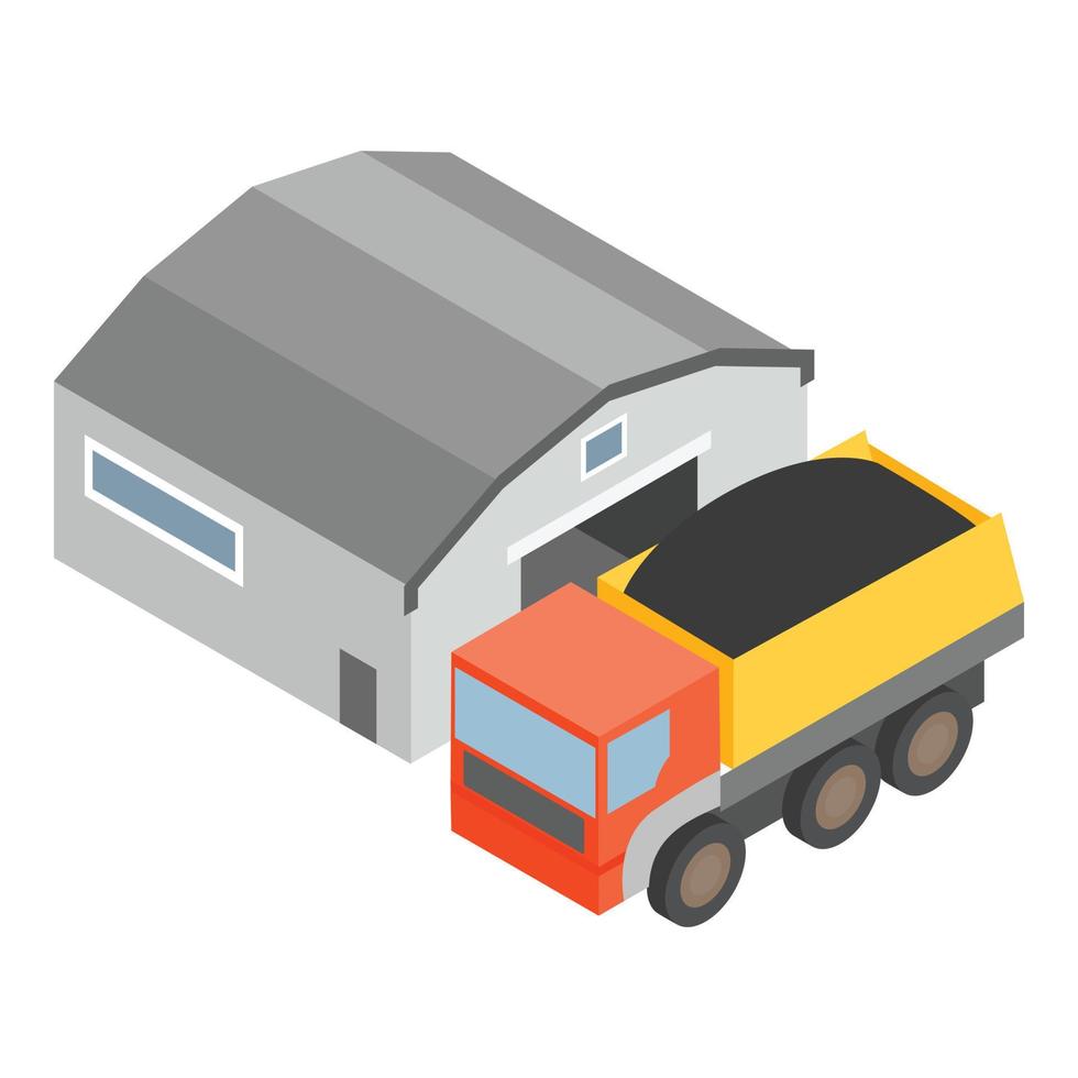 Coal transportation icon isometric vector. Dump truck with coal near hangar icon vector