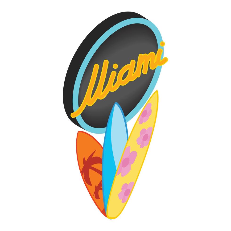 Surf miami icon isometric vector. Glowing lettering miami and three surfboard vector