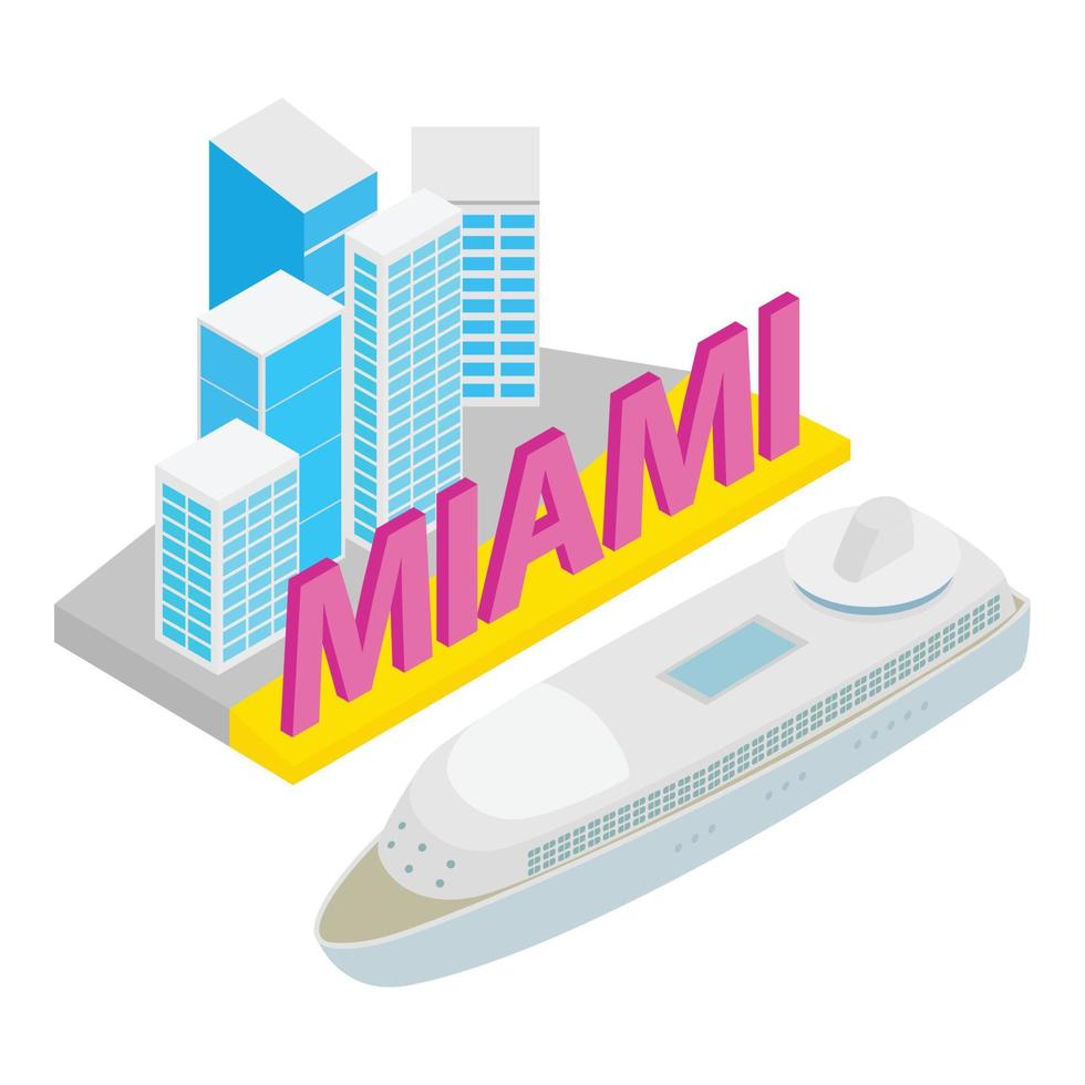 Downtown miami icon isometric vector. Beautiful cityscape and large cruise liner vector
