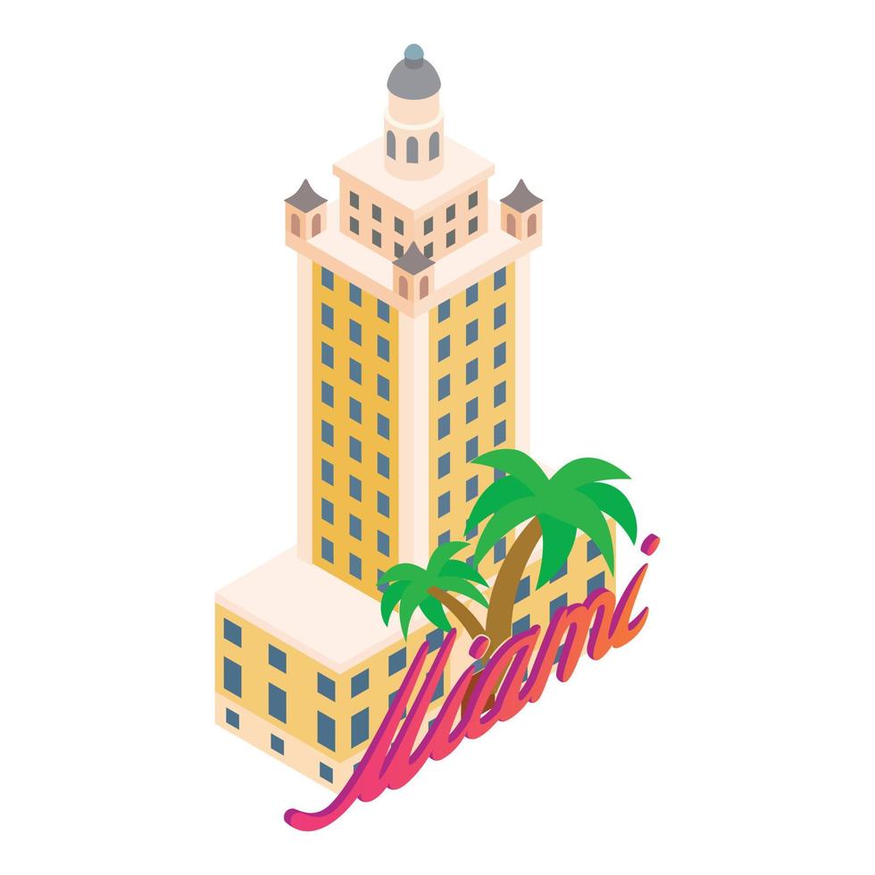 Miami city icon isometric vector. Freedom tower landmark and lettering miami vector