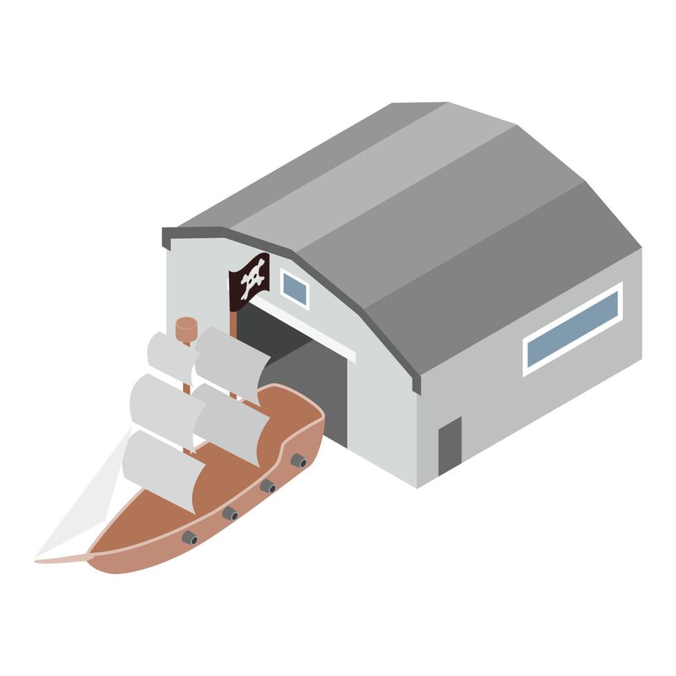 Pirate ship icon isometric vector. Vintage sailing ship near pavilion icon vector