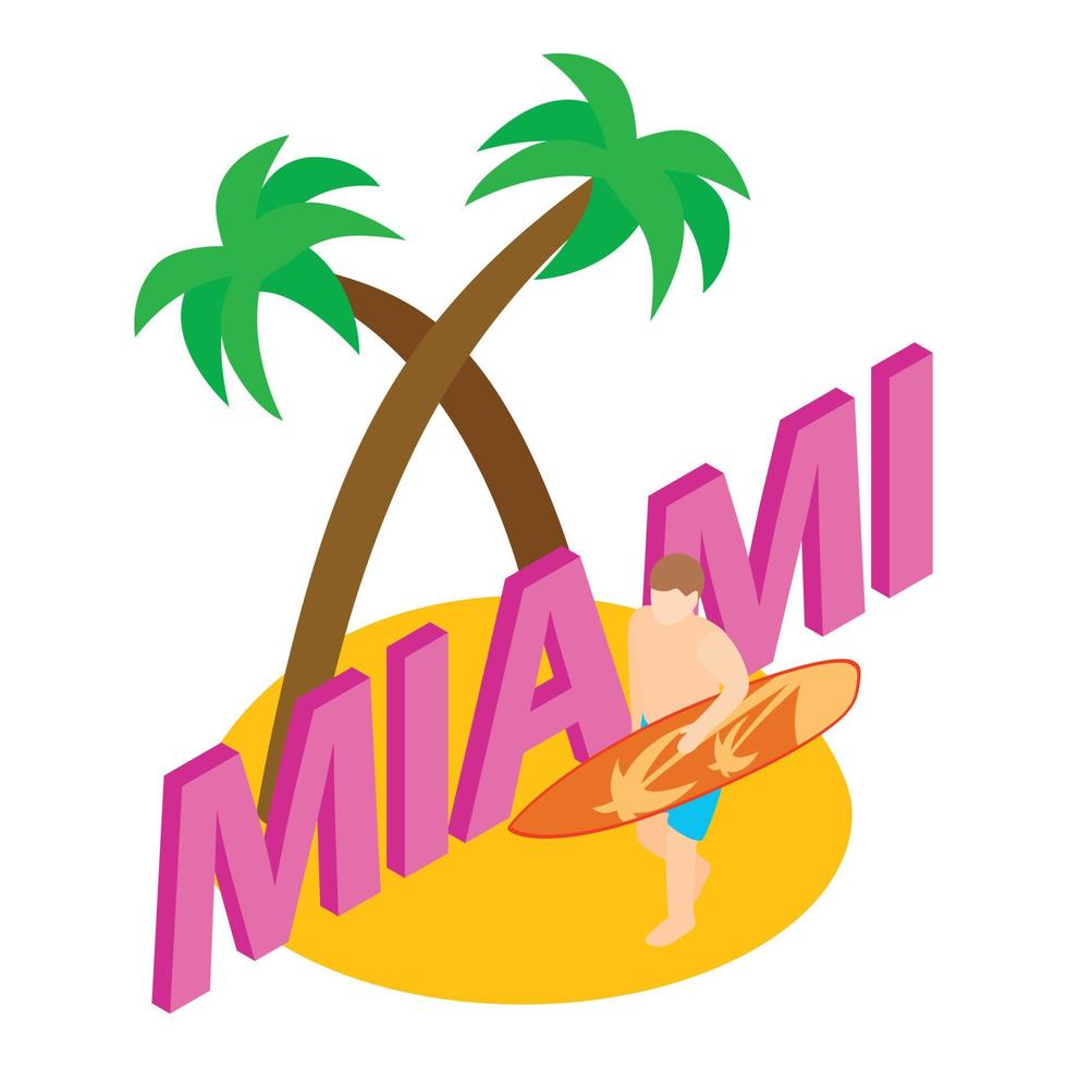 Miami vacation icon isometric vector. Male surfer with surfboard on coast icon vector