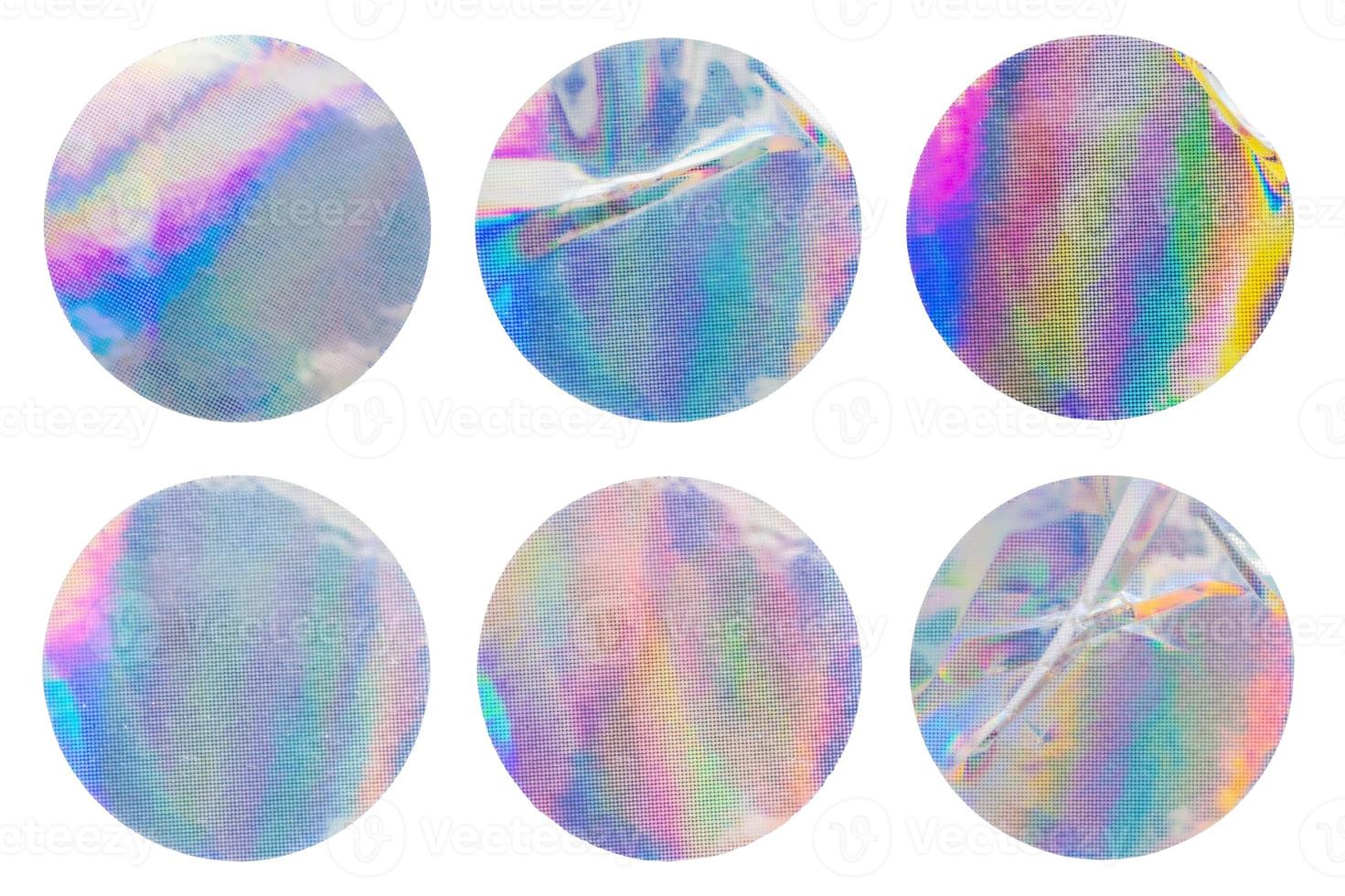 Blank round adhesive holographic foil sticker label set isolated on white background photo