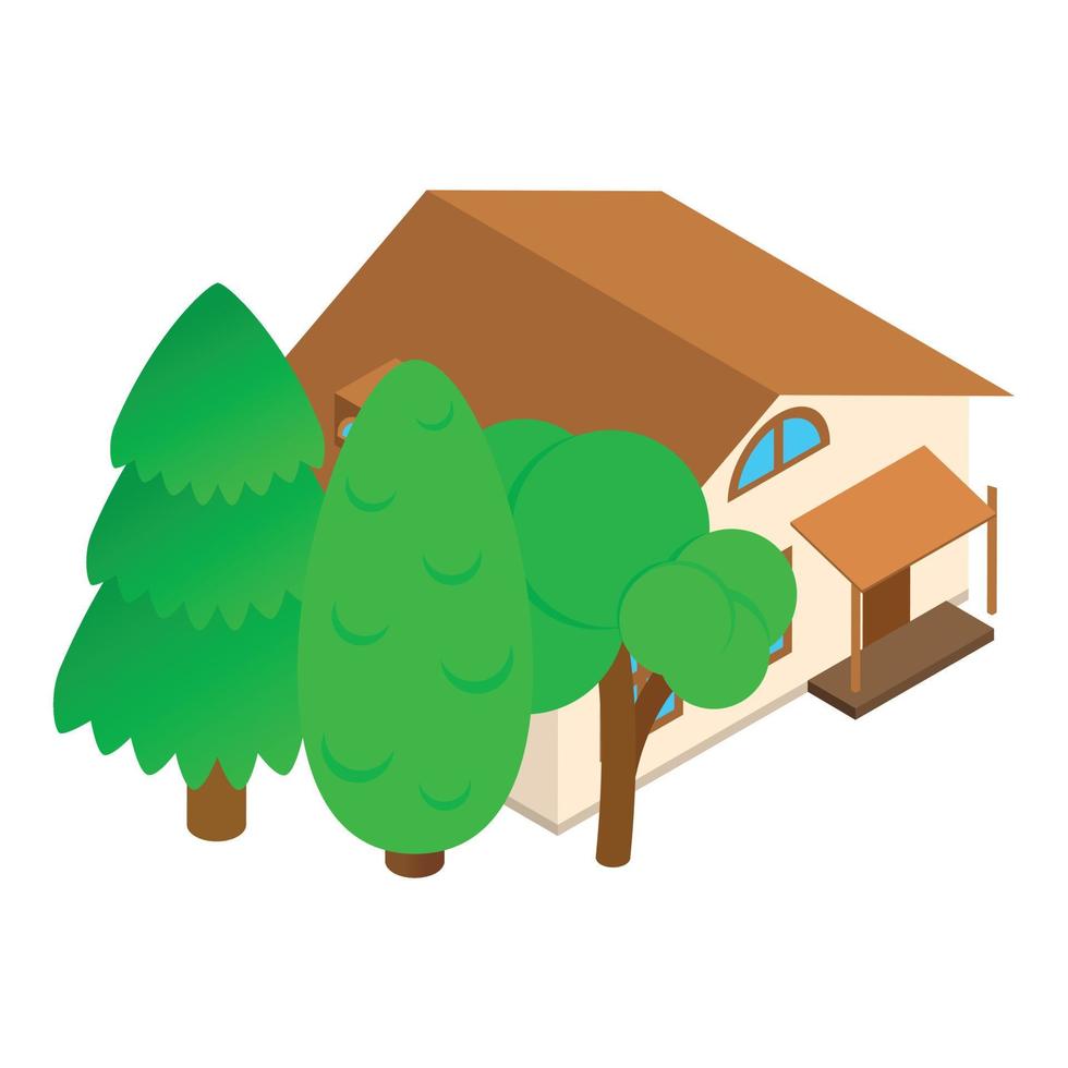 Modern house icon isometric vector. One storey new building and green tree icon vector