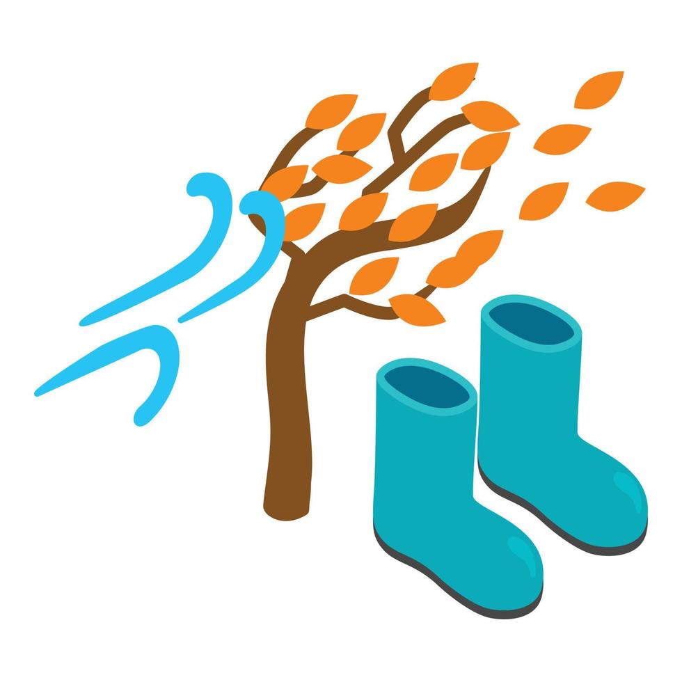 Windy weather icon isometric vector. Gust of wind autumn tree and rubber boot vector