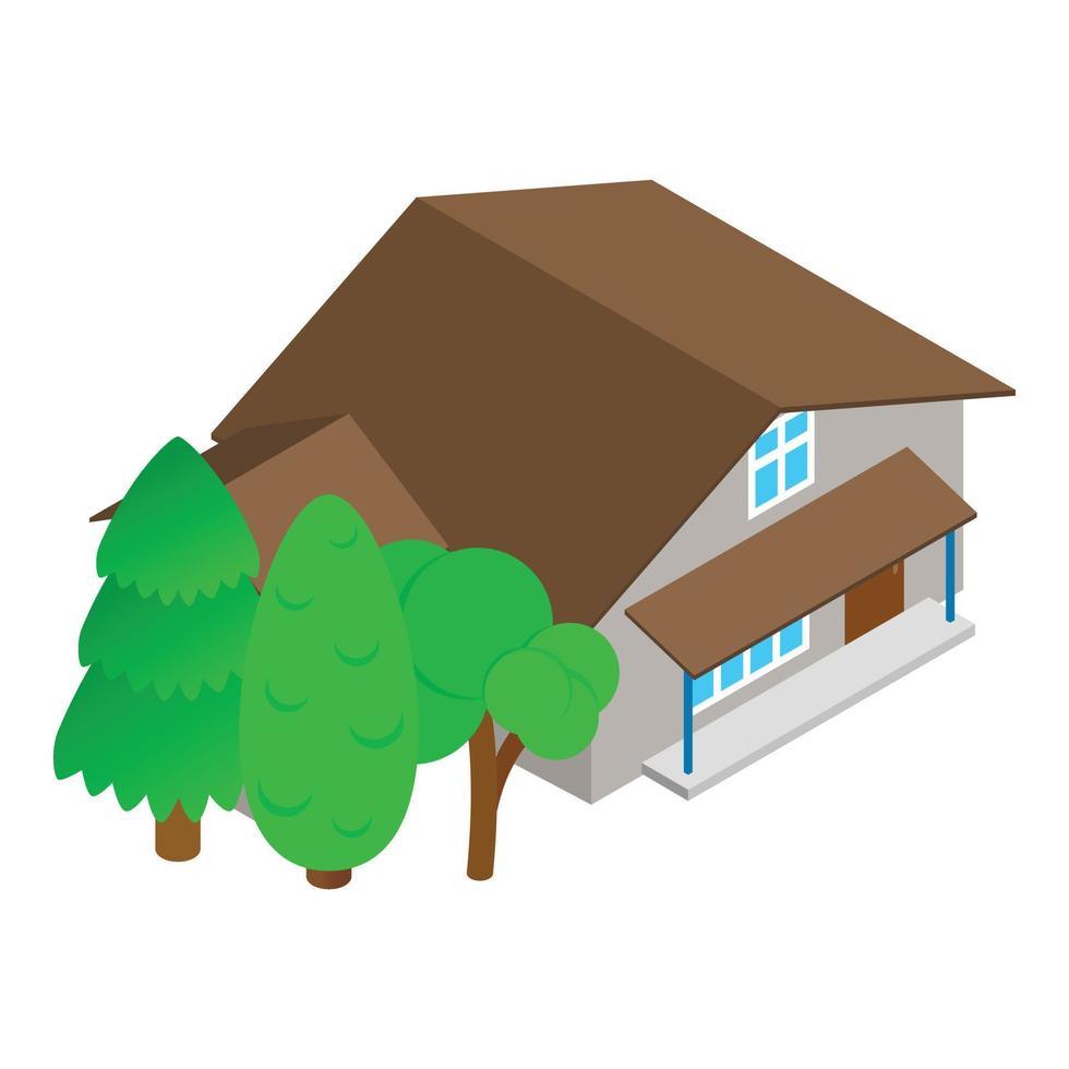 Cottage icon isometric vector. Modern two storey building and green tree icon vector