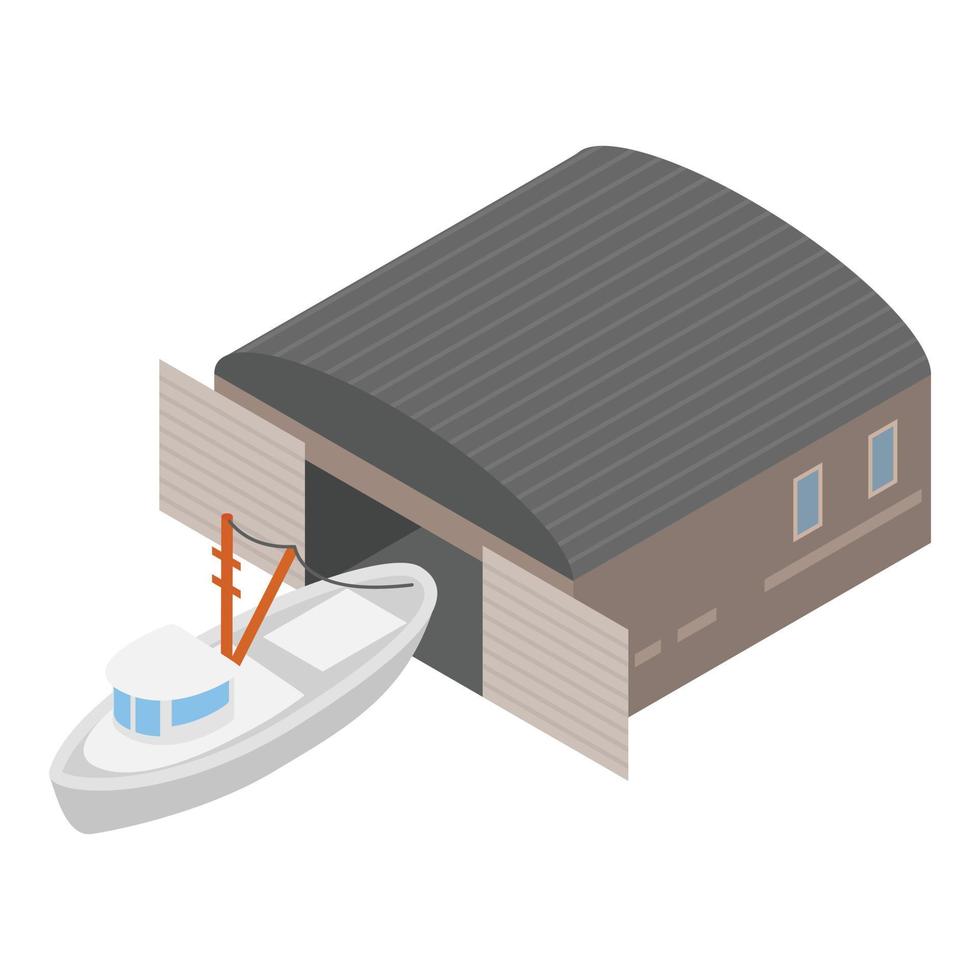 vector isométrico del icono del arrastrero de pesca. nuevo barco de pesca blanco cerca del icono del hangar