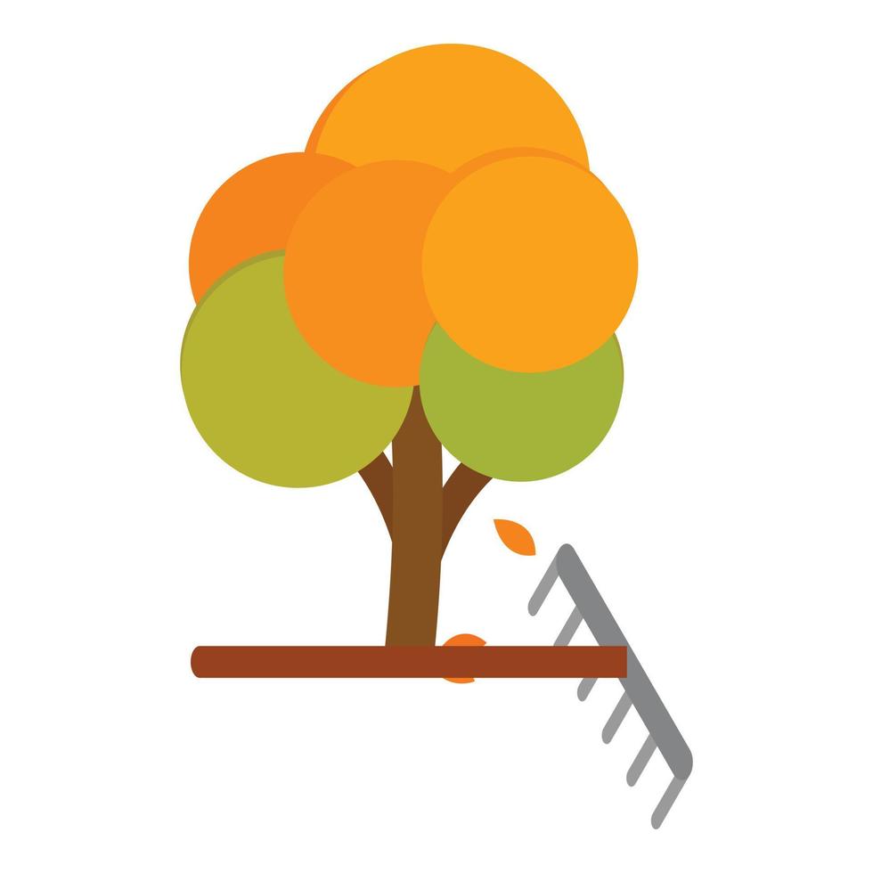 icono de trabajo de jardín vector isométrico. árbol de otoño amarillento y rastrillo de jardín de metal