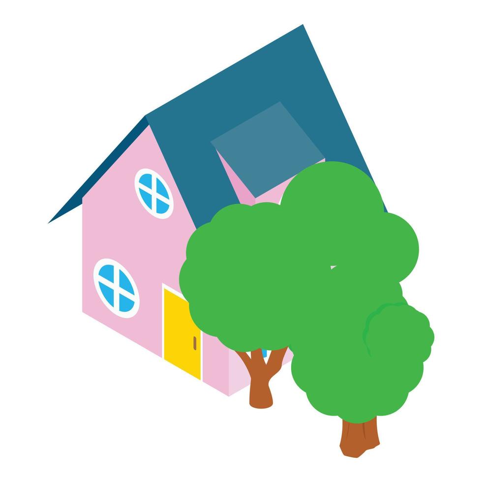 Hotel icon isometric vector. Small beautiful two storey building with green tree vector