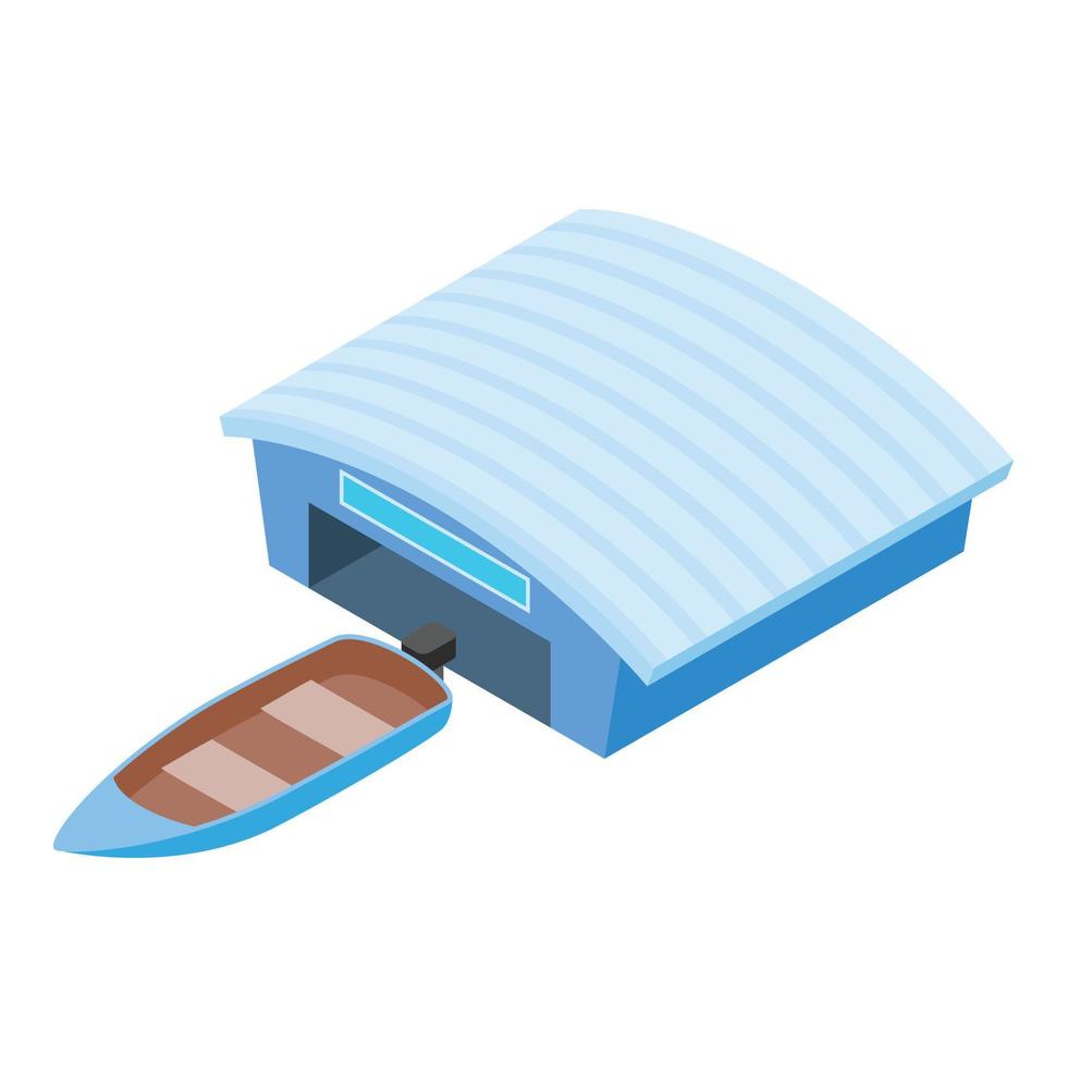 Fishing boat icon isometric vector. Wooden boat with outboard engine near garage vector