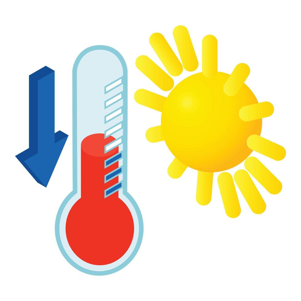 Temperature drop icon isometric vector. Thermometer with down arrow shining sun vector