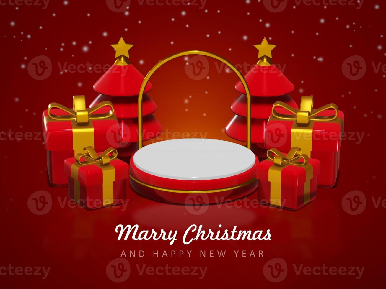 Merry christmas and happy new year with 3d empty podium and christmas ornaments background photo