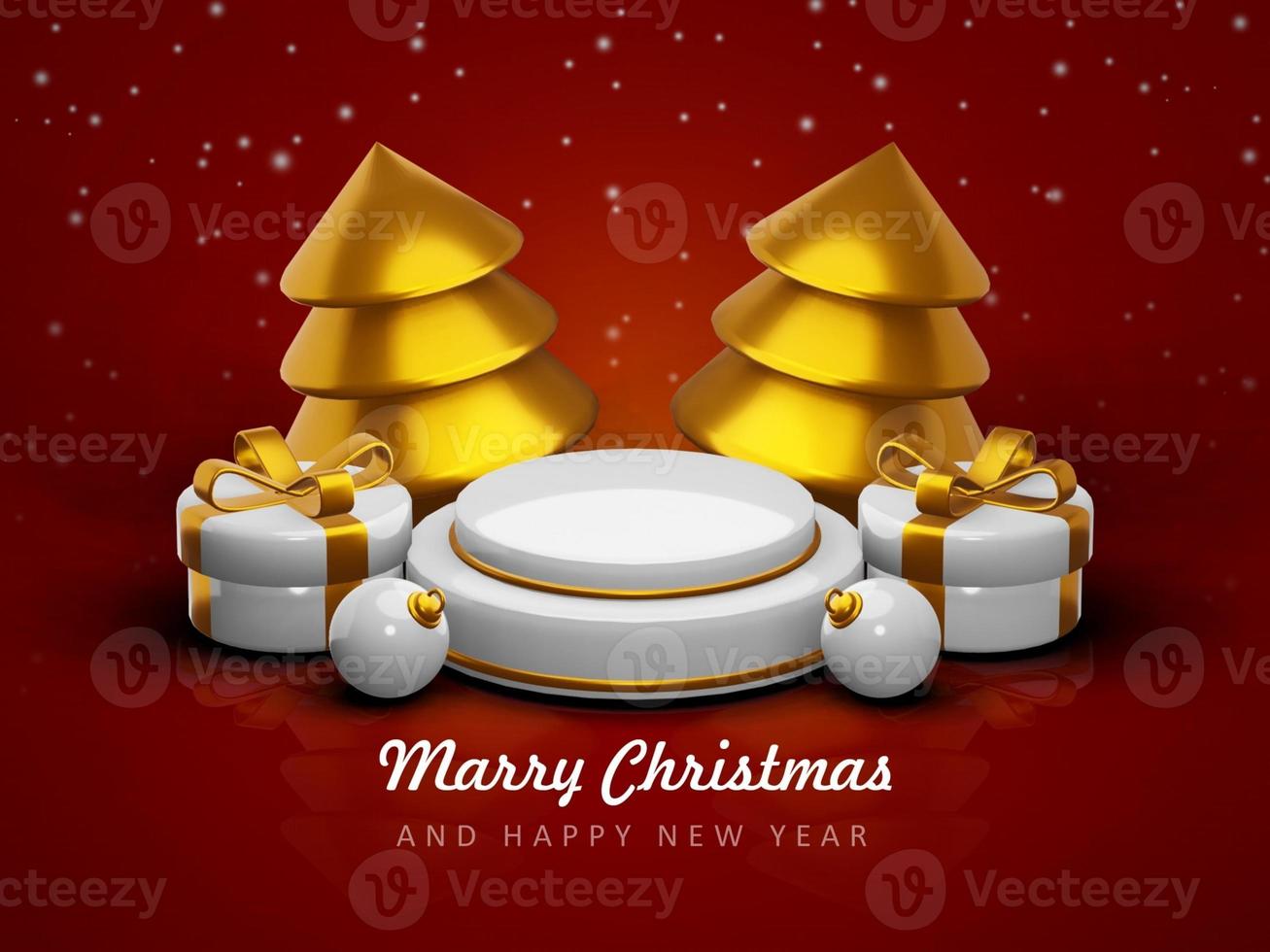 Merry christmas and happy new year with 3d empty podium and christmas ornaments background photo