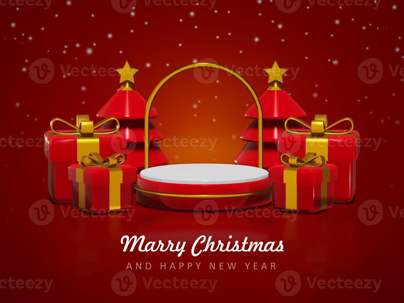 Merry christmas and happy new year with 3d empty podium and christmas ornaments background photo