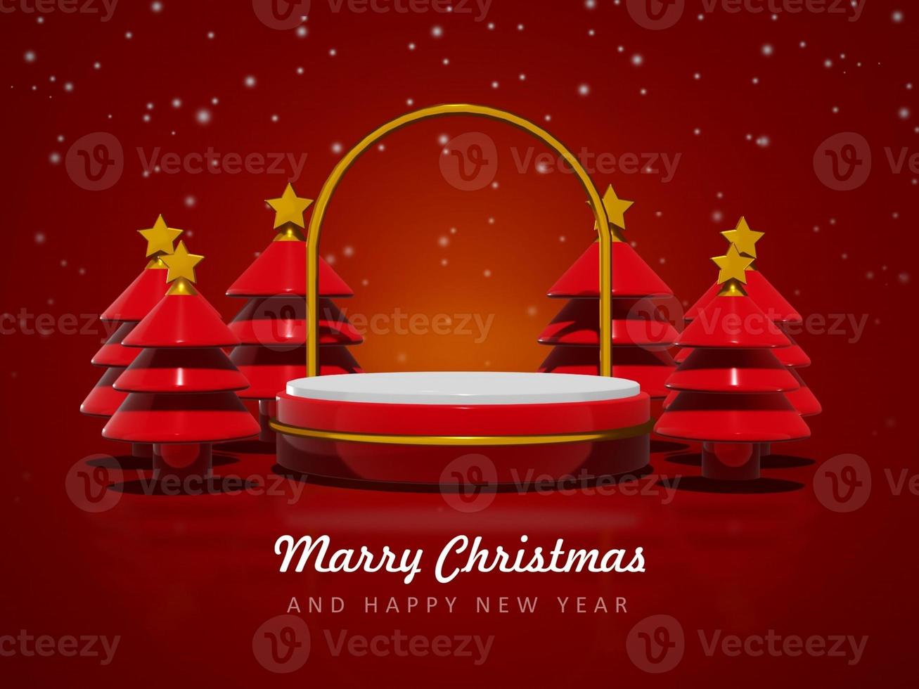 Merry christmas and happy new year with 3d empty podium and christmas ornaments background photo