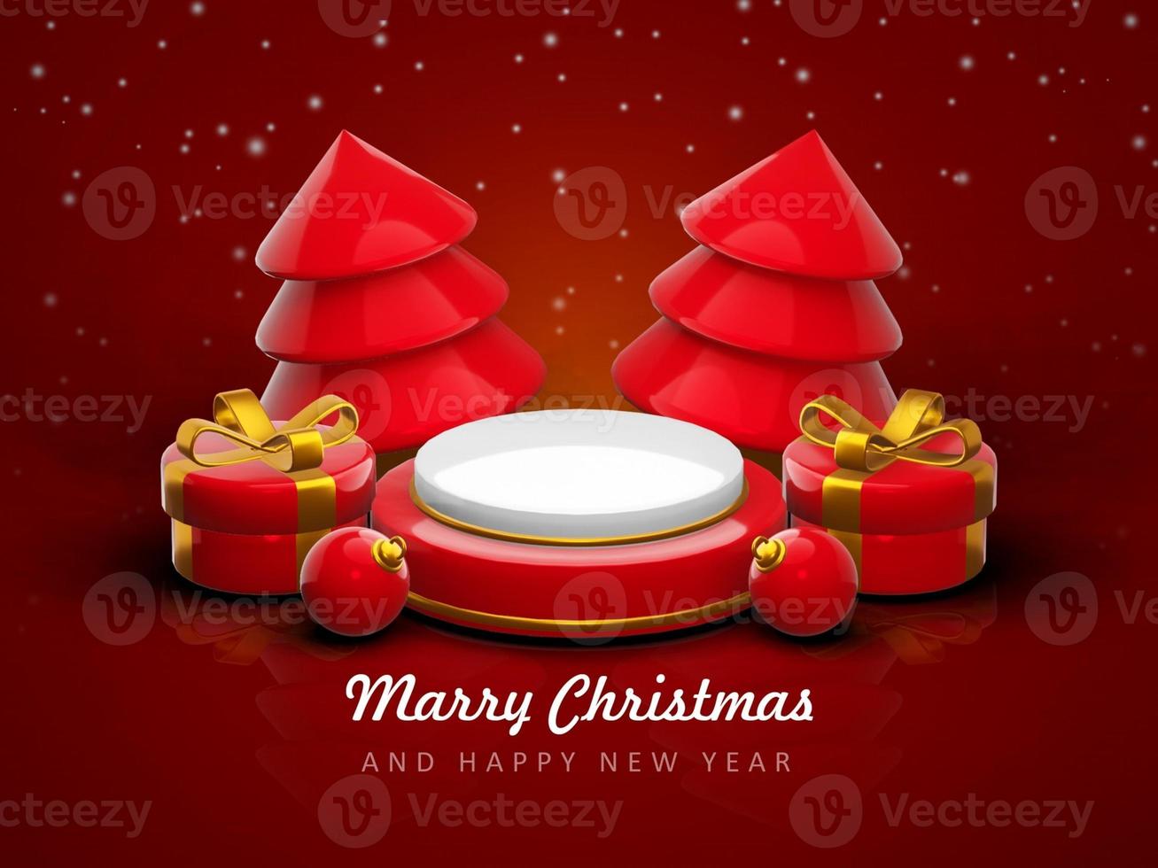 Merry christmas and happy new year with 3d empty podium and christmas ornaments background photo