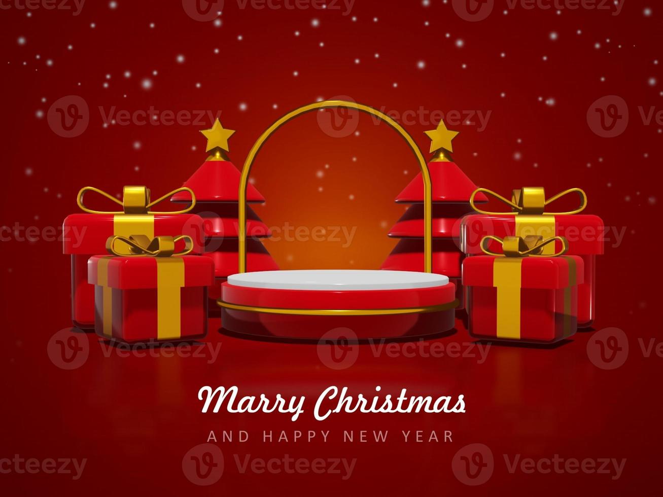 Merry christmas and happy new year with 3d empty podium and christmas ornaments background photo