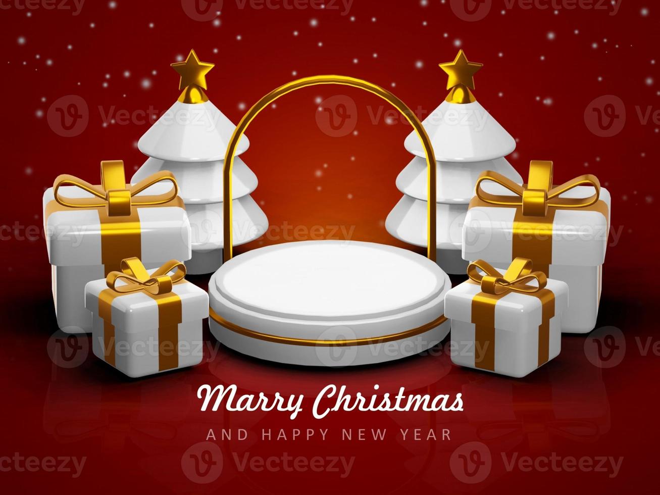 Merry christmas and happy new year with 3d empty podium and christmas ornaments background photo