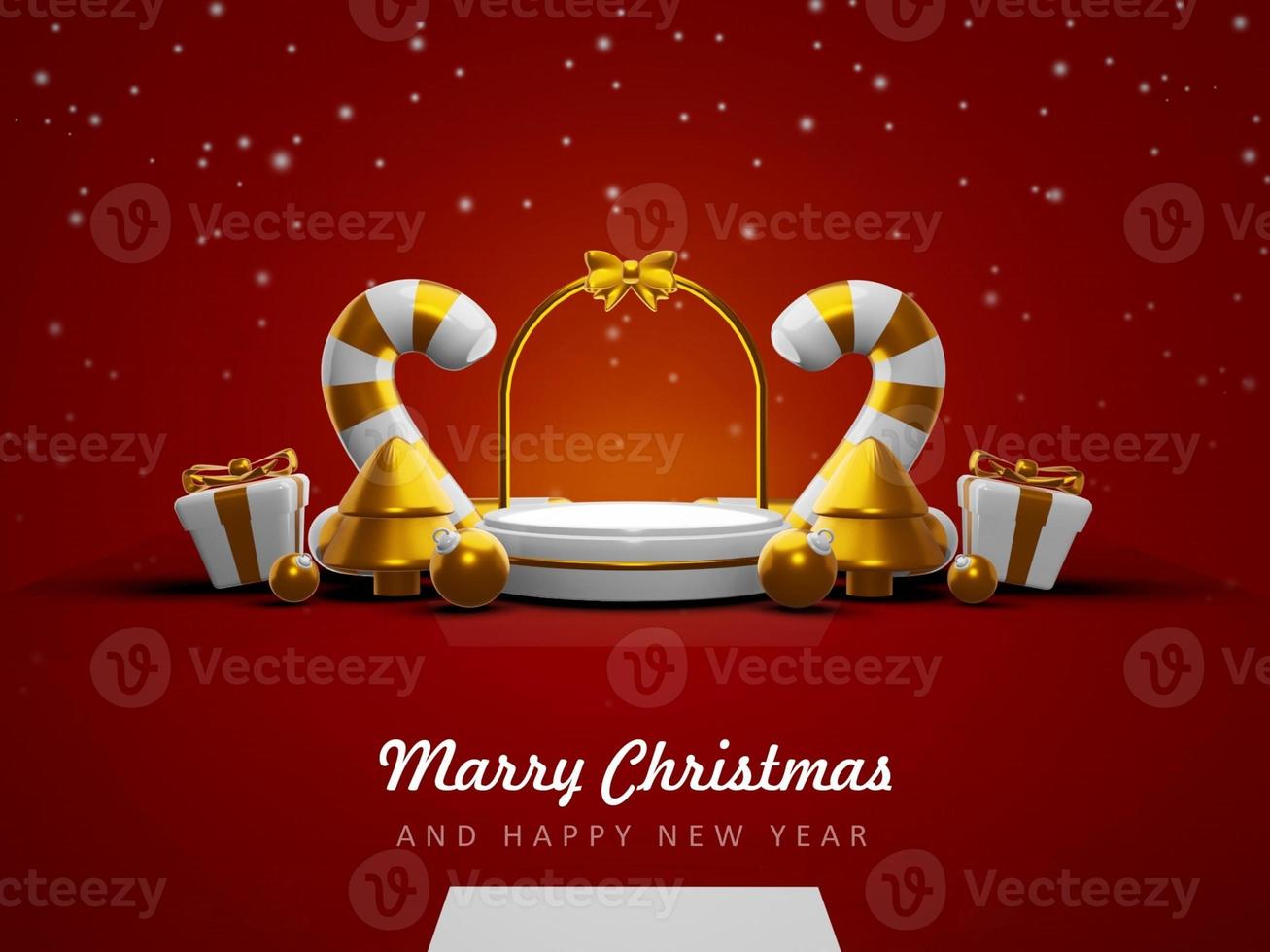 Merry christmas and happy new year with 3d empty podium and christmas ornaments background photo