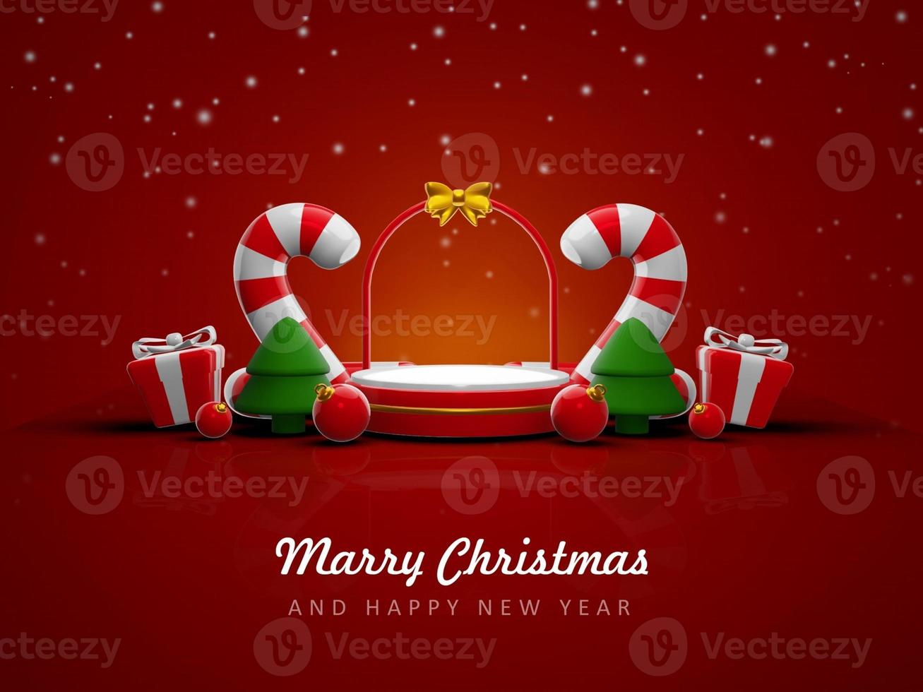 Merry christmas and happy new year with 3d empty podium and christmas ornaments background photo