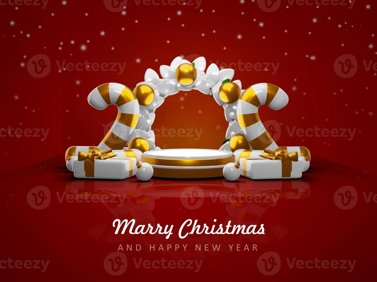 Merry christmas and happy new year with 3d empty podium and christmas ornaments background photo