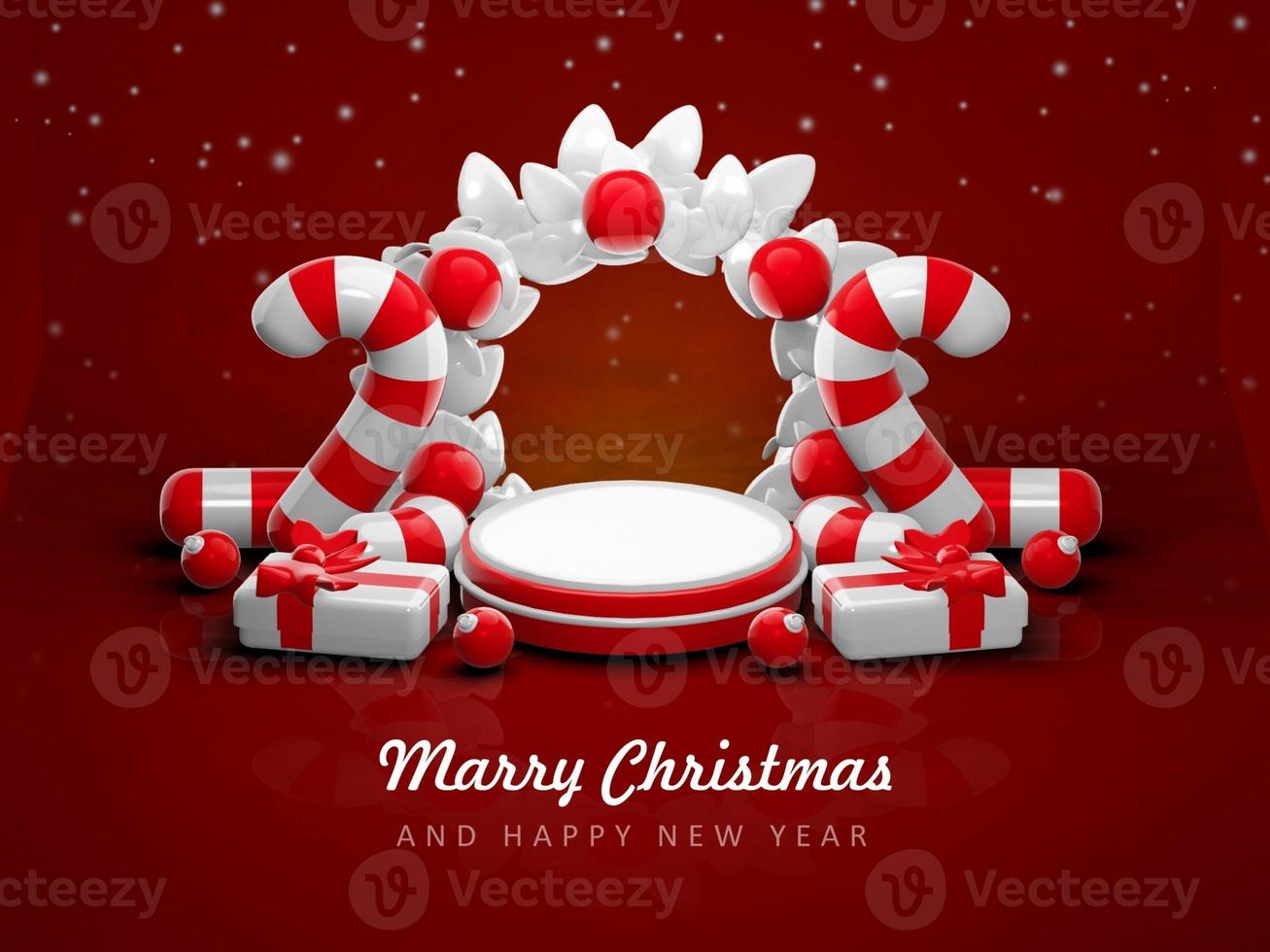 Merry christmas and happy new year with 3d empty podium and christmas ornaments background photo